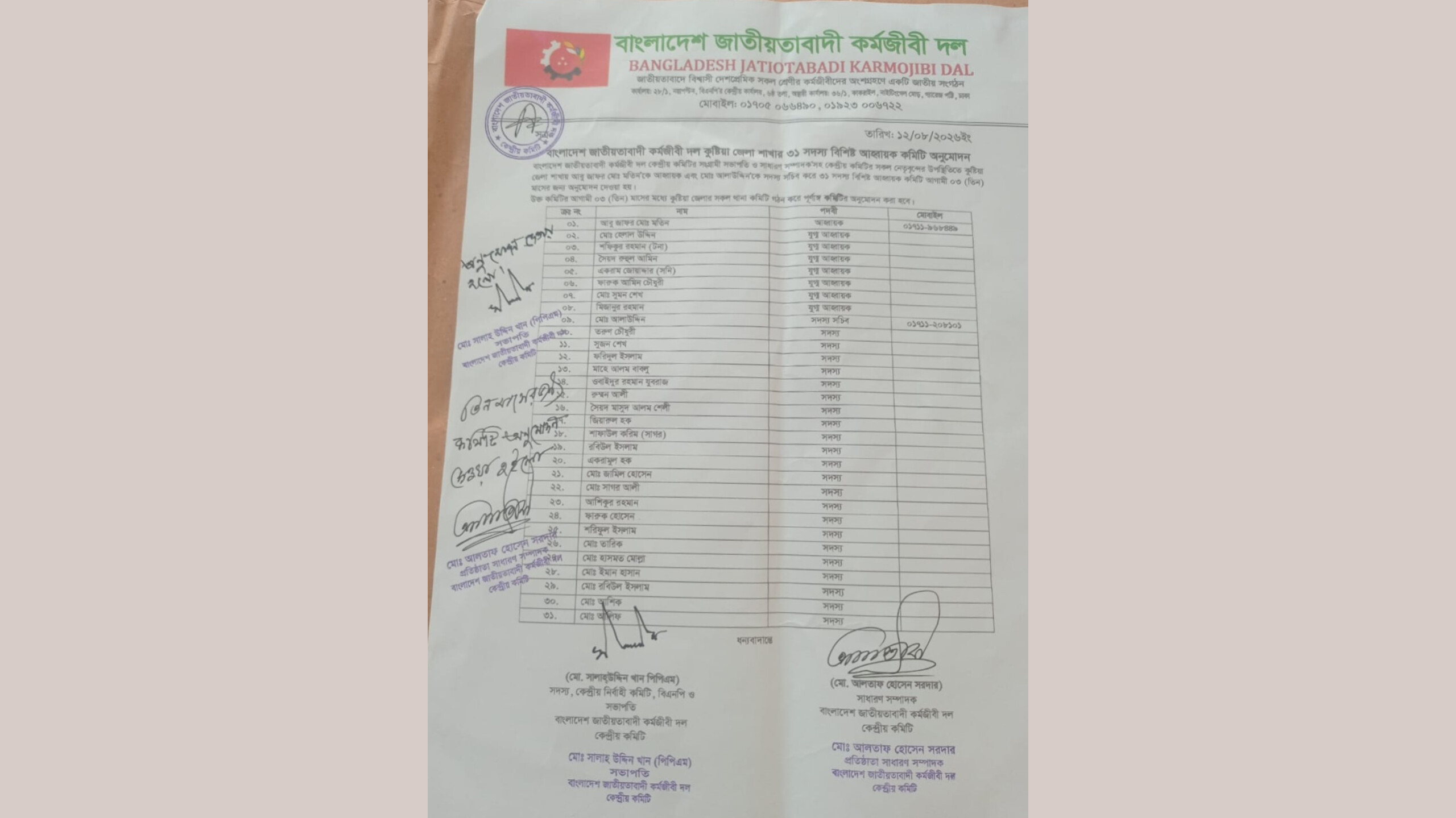 কুষ্টিয়া জেলা বিএনপির কর্মজীবী দলের ৩১ সদস্যের আহ্বায়ক কমিটি